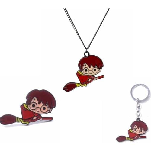 Harried Wizard Broomsticks Cartoon Figure Potters Keychains Brooch Pins Magic College Badge Keyring Fashoin Jewelry for Kid