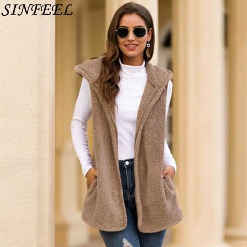Women Warm Cardigan Faux Fur Vests Fleece Jackets Winter Hooded Waistcoats Ladies Casual Sleeveless Coats Outwears Plus Size
