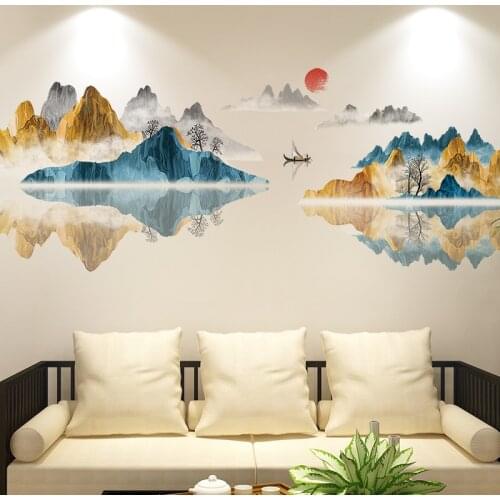 Chinese Ink Landscape Painting Wall Stickers Home Office Decor Living Room Sofa Backdrop Decoration Art Decals Aesthetics Poster