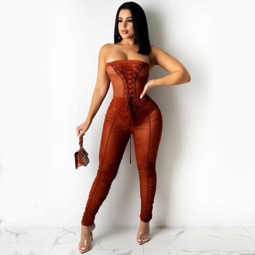 Summer Sexy Off Shoulder Mesh Print Club Party Bodysuit Lace Up Rompers Sleeveless Women High Waist Skinny Pencil Jumpsuits