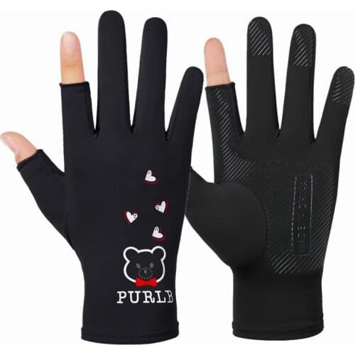Summer Ice Silk Ladies Gloves Riding Sunscreen Half-Finger Gloves Driving Non-Slip Leaking Two-Finger Fishing Gloves Thin