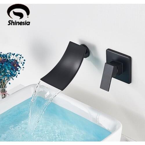 Shinesia Matte Black Bathroom Basin Faucet Waterfall Wall Mounted Mixer Tap Concealed for Bathroom Vessel Sink