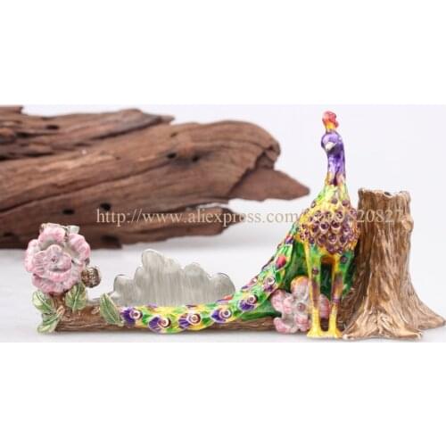Metal Jeweled Peacock Desk Desktop Business Card Holder Stand Jeweled Peacock Bird Display Trinket Small Treasure Holder Case