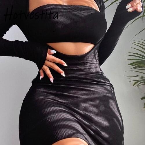 Hotvestita Fashion Knitted Mini Dress Low Chest Bodycon Long Sleeve With Tube Top 2021 Spring Autumn Women Party Club Dresses
