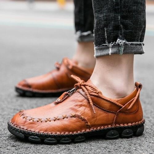2020 New Men Shoes Non-Slip Leather Sewn Soft Bottom Lace Up Breathable Handmade Outdoor Fashion Men Casual Shoes Large Size 48