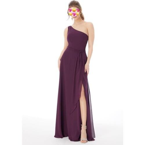 2020 New Bridesmaid Dresses One Shoulder Vestidos De Madrinha Purple Chiffon Formal Dress For Wedding Party Front Split