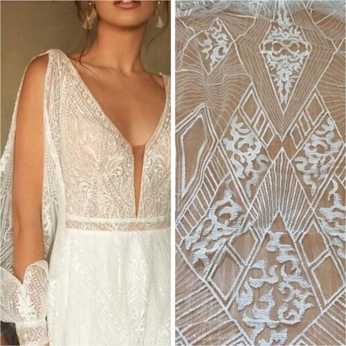 2020 New Sequins Wedding dress DIY sewing Tulle French Lace Fabric Garment Cloth Lace fabric off white ivory
