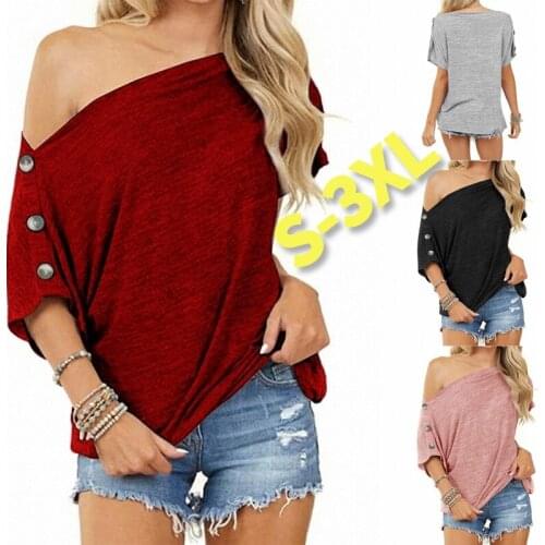Off the Shoulder Solid Color T-shirt Summer Womens Button T-shirt Loose Cotton Fashion T-shirts Womens Casual Short-sleeved Tops