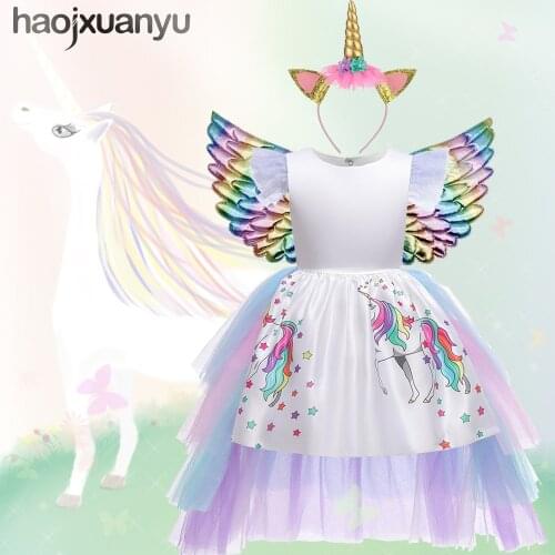 Christmas Girls Cosplay Unicorn Dress with Long Tail Wings Hairband Girl Princess Birthday Party Ball Gown Kids Horse Costumes