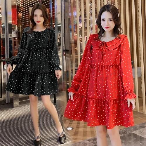 1762# Maternity Dress Spring Autumn Chiffon Polka Dot Long Sleeve Loose Stylish Dress for Pregnant Women Mom Dress