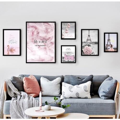 Nordic Decoration Picture Living Room Decor Eiffel Tower Girl Wall Art Canvas Fashion Pink City Landscape Print Painting
