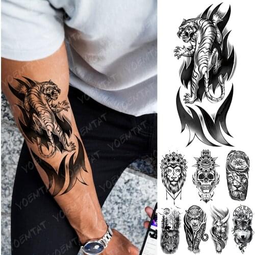 Waterproof Temporary Tattoo Sticker Tiger Flame Totem Flash Tattoos Lion Wolf Skull Body Art Arm Fake Sleeve Tatoo Women Men