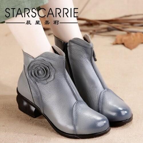 2021 autumn and winter new womens boots pure handmade ethnic style flowers thick heel womens shoes leather ladies short boots