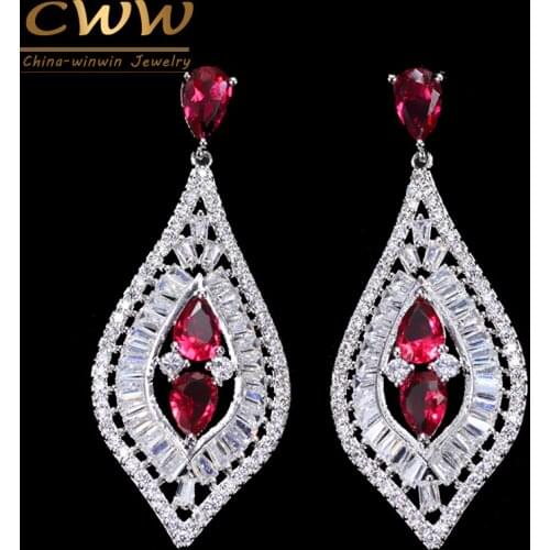 CWWZircons High Quality Baguette Shape Blue Red Cubic Zirconia Women Long Drop Wedding Prom Earring Jewelry Accessories CZ241