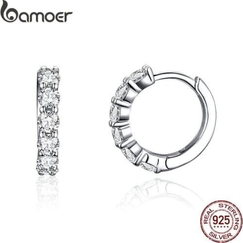 BAMOER Wedding Hoop Earrings for Women Sterling Silver 925 High Quality Cubic Zirconia Tiny Ear Hoops Statement Jewelry SCE524