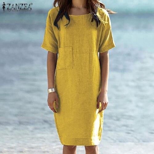 ZANZEA Elegant Solid Shirt Dress Women Summer Short Sleeve Cotton Sundress Casual O Neck Loose Knee-length Vestidos