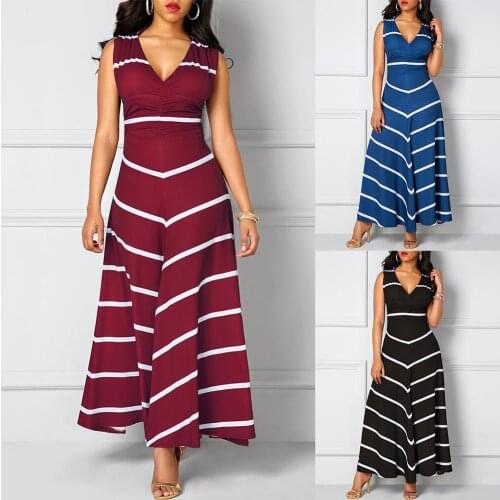 Women Sleeveless Deep V Neck Striped Large Hem Waist Tight Maxi dress