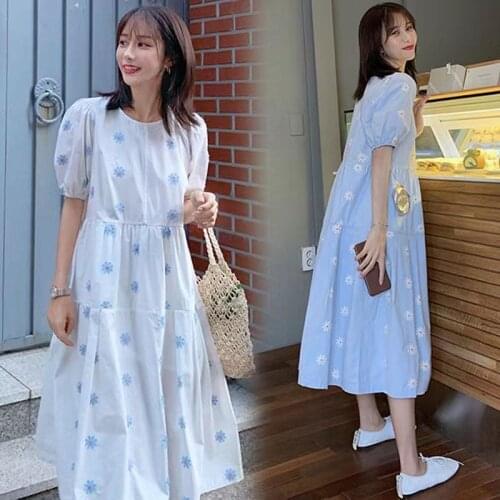 Summer Puff Sleeve Loose Women Green Dress Single Breasted Sashes Print Casual Floral Vestidos Vintage Maxi Dress