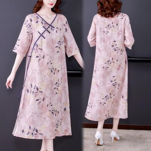 Summer Vintage Chinese Style Ramie Casual Maxi Dress 2021 Elegant Loose Pink Floral Beach Midi Dress Women Bodycon Party Vestido