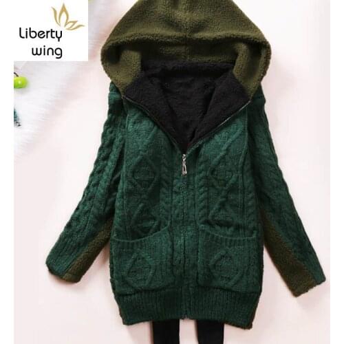 Winter Sweaters Womens Fleece Lining Coat Warm Loose Knitted Cardigans Female Fashion Long Sleeve Knitwear Hooded Zip Outerwear