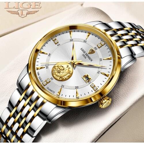 LIGE 2021 Fashion Mens Watches Calendar Stainless Steel Top Brand Luxury 30M Waterproof Quartz Wrist Watch Men Relogio Masculino