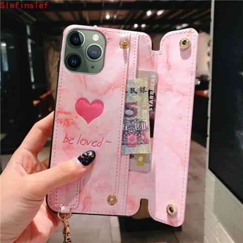 Pink Love Heart Leather Wallet Phone Case For iPhone 11 Pro Max XR X Xs Max Soft TPU Case For iPhone 7 8 6 6s Plus Lanyard Cover
