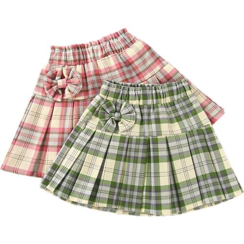 Kids Girls Bow Plaid Skirts 2021 New Arrival Children Pleated Skirts Dance Clothes School Skirts Princess Gift Pink Blue Skirts