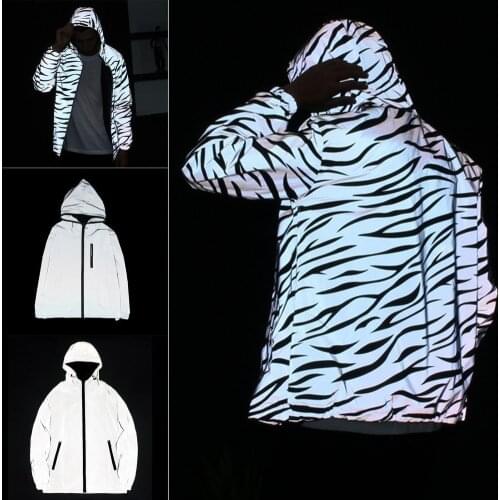 Hooded Fluorescent Men Windbreaker Casual Reflective Hip Hop Jacket Coat Male Clothing Loose Coat Jacket Male Clothing Outerwear