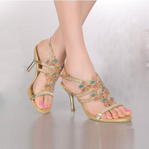 Hot 2018 new arrival bling bling rhinestone flower high heels sandals colorful crystal women gold peep toe shoes plus size 34-44