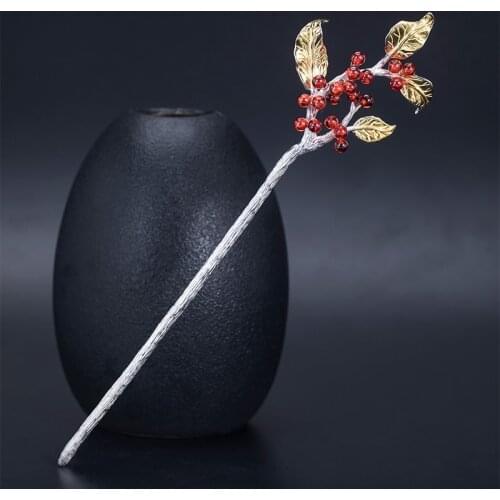 Volta Van Garnet Hair Sticks 925 Sterling Silver Fine Jewelry 2021 New Hairwear Vintage Elegant Design Leaves Concise Hair Forks