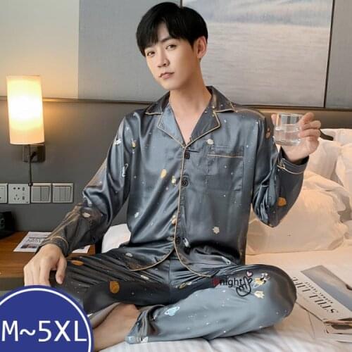 Autumn Mens Trousers Suit Silk Home Clothes Two-piece for Men Luxury Pajamas for Sleep 2021 New Satin Button Down Pajama Set