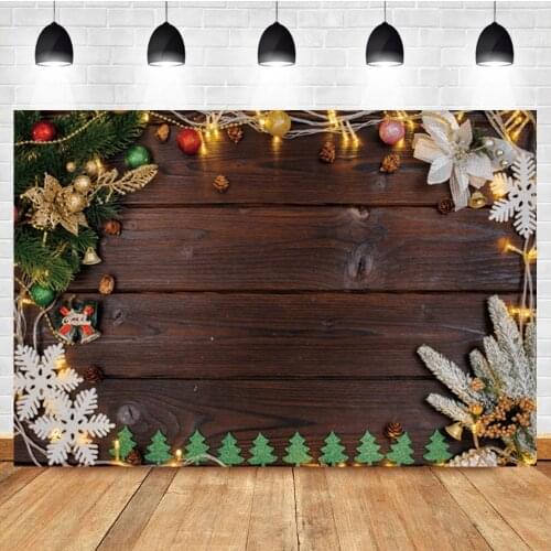 Laeacco Cartoon Christmas Tree Snowflake Lamp Wooden Board Birthday Photo Background Photographic Backdrop For Photo Studio