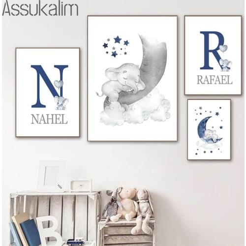 Boy Custom Name Canvas Posters Nursery Wall Paintings Elephant Poster Star Moon Clouds Prints Nordic Print Babys Room Decoration