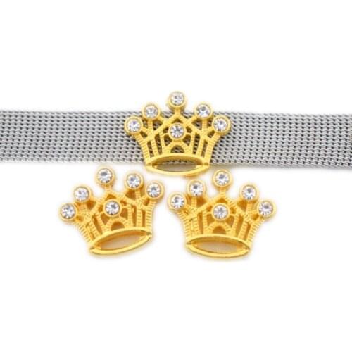 10mm Gold Crystal Crown Slide Charms Flat Hole Metal Beads Keeper Fit 10mm Stainless Steel Mesh Bracelets DIY Jewelry Making