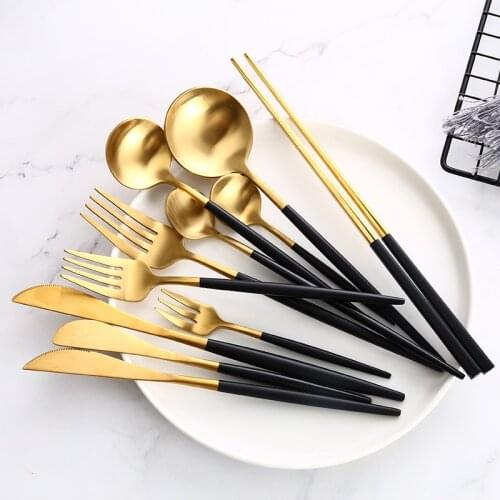 Black Gold Cutlery Set Steak Knife Fork Coffee Spoon Teaspoon Dessert Knife Ice Spoon Chopsticks Stainless Steel Dinnerware Set