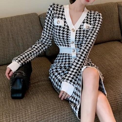 New Women Spring Autumn Dresses Elegant Lady Vintage Knitting Fashionable Buttons Checkered Long Dresses