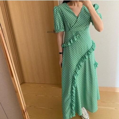 Fashion Polka Dot Pattern Women Dress Summer Short Sleeve Midi Office Dresses V-neck Vestidos YOU441