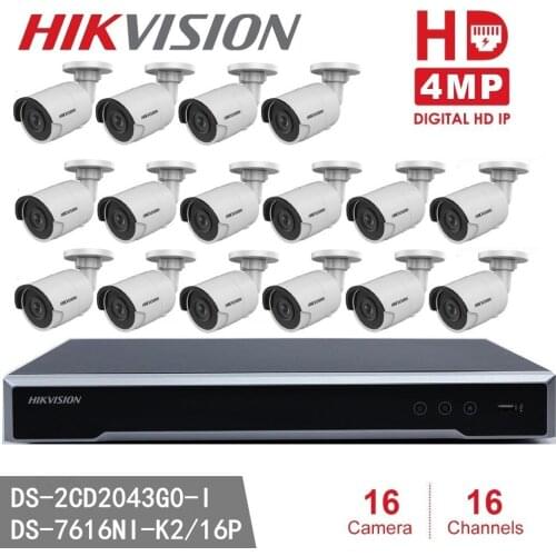 Hikvision NVR DS-7616NI-K2/16P 16CH 16 ports POE + 16pcs Hikvision DS-2CD2043G0-I 4MP IR Bullet Network Camera P2P POE IP Camera