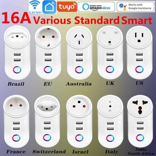 Smart Plug WiFi Socket with 2.1A USB Charger EU Brazil FR 16A Tuya SmartLife APP Remote Control Work With Alexa Google Assistant