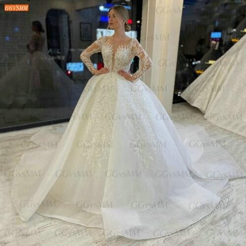 Luxury O Neck Wedding Gowns Long Sleeves 2021 White vestido de noiva Lace Appliqus Bridal Dresses Ball Gown Sexy robe de mariage