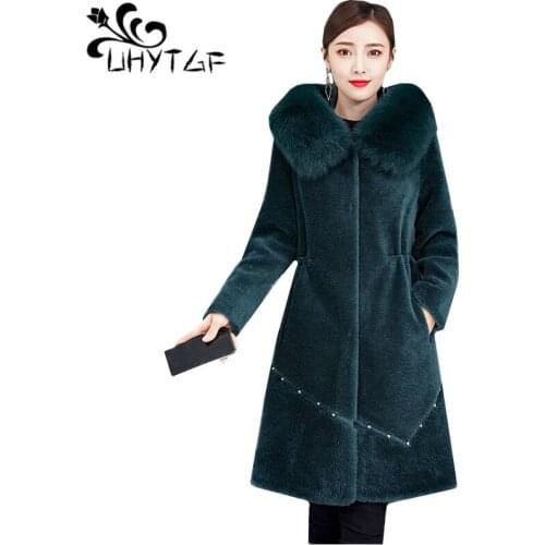 UHYTGF Luxury fox fur winter fur coat elegant women 4XL plus size tops quality sheep shearing casual warm fur jacket Genuine 648