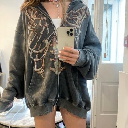 Punk Vintage Oversized Hoodie E-girl Gothic Grunge Skull Print Zip-up Long Sleeve Sweatshirt Coat Jacket Women Harajuku Clothes