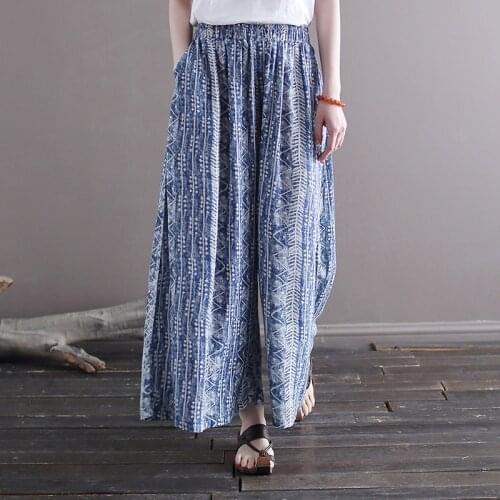 Women Loose Printed Summer Cotton Linen Pants Ladies Vintage Wide Leg Trousers Female Loose Wide Leg Pants 2020
