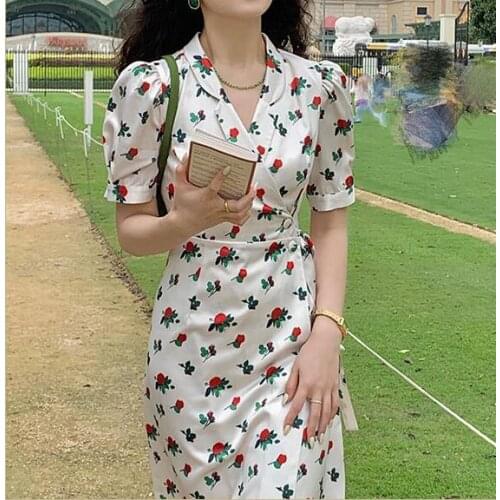 French retro suit collar dress femininity waist V-neck bubble sleeve dating skirt Floral Dress V-Neck Sheath Summer Silk