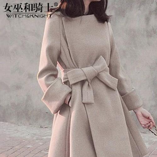 Winter Woolen Coat Womens Middle Long 2021 New One Line Collar Temperament Waist Bow Pleated Thin Coat