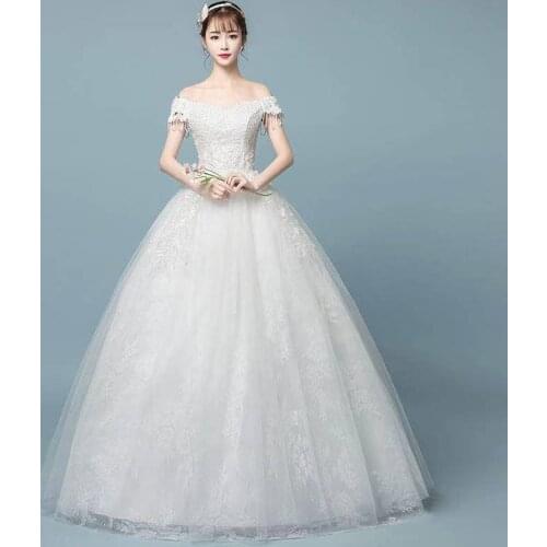 Sequins Wedding Dress Off The Shoulder Elegant Embroidery Floor-Length Boat Neck White Plus Size Wedding Gowns For Women G244