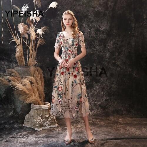 2021 New V-Neck A-Line Evening Dresses Short Sleeves Embroidery Lace Tea-Length Prom Party Gown robes de soirée