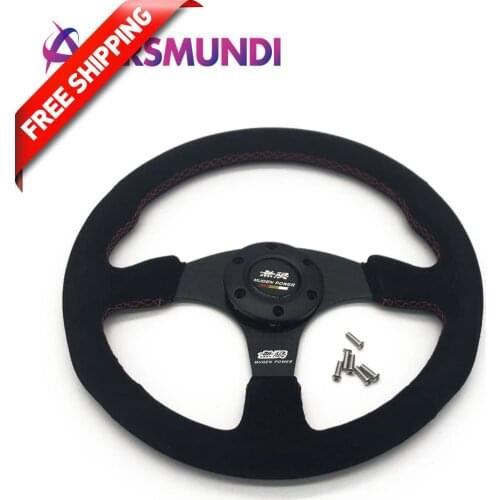 Free Black Color Spoke Suede Leather Mugen 14inch Racing Steering Wheel Red lines