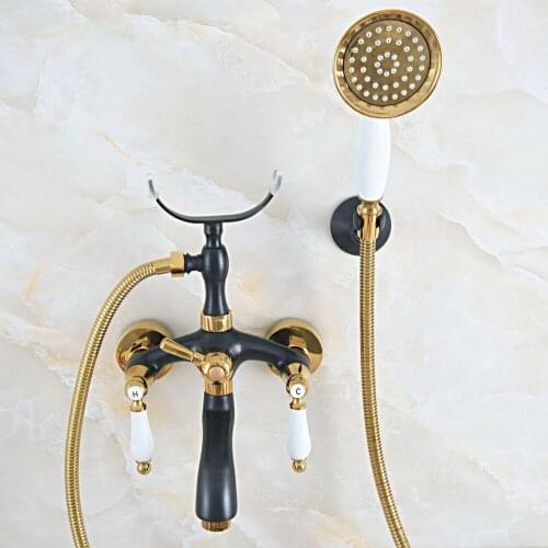 Black Gold Color Brass Wall Mount Bathroom Tub Faucet Dual Ceramic Handle Telephone Style Hand Shower Clawfoot Tub Filler ana543