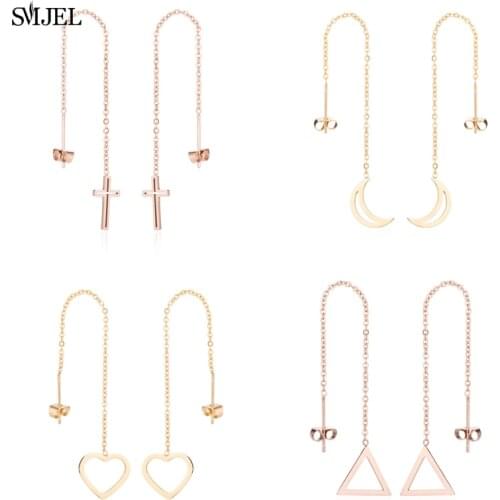 SMJEL Dangle Long Tassel Cross Drop Earrings Punk Stainless Steel Jewelry Brincos Korean Star Heart Pendant Threader Earrings